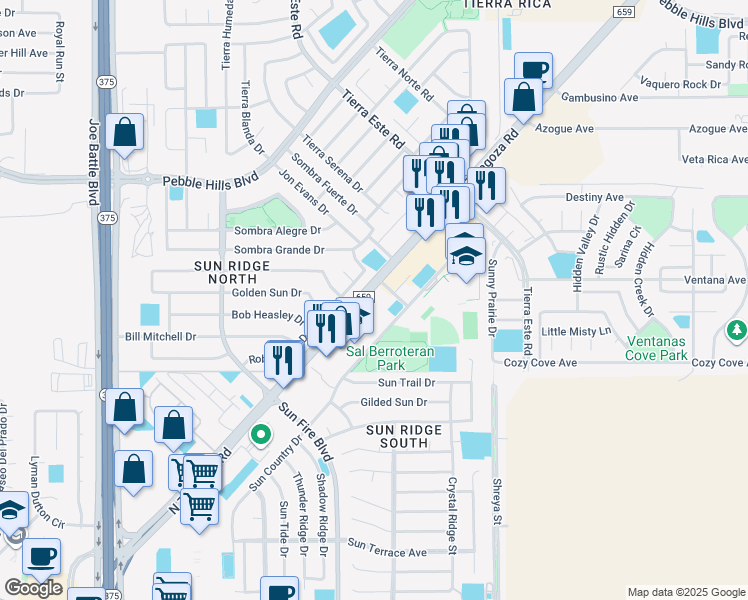 map of restaurants, bars, coffee shops, grocery stores, and more near 2140 North Zaragoza Road in El Paso