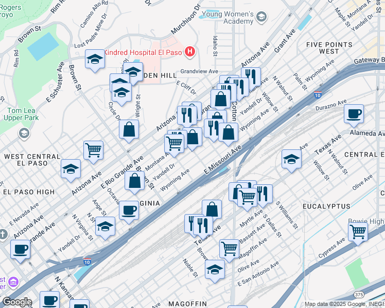 map of restaurants, bars, coffee shops, grocery stores, and more near 1512 Yandell Drive in El Paso