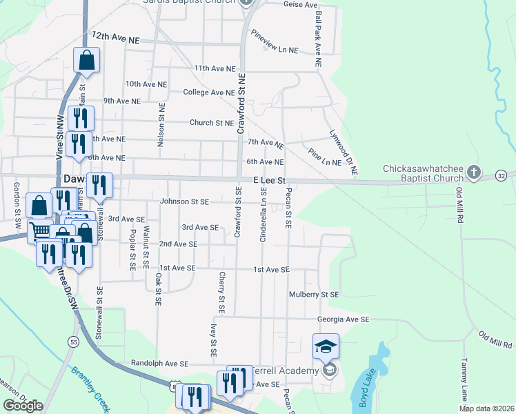 map of restaurants, bars, coffee shops, grocery stores, and more near 200-298 Cinderella Lane Southeast in Dawson