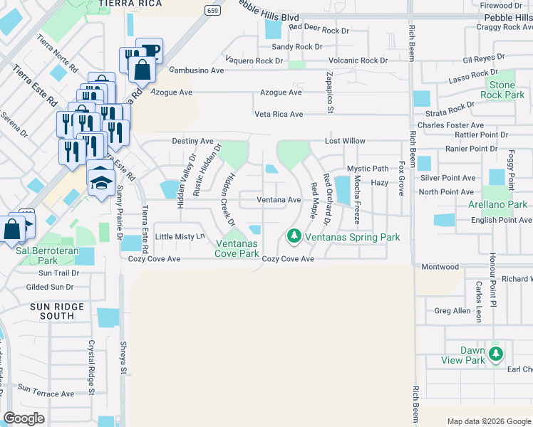 map of restaurants, bars, coffee shops, grocery stores, and more near 13012 Pleasant Manor Court in El Paso