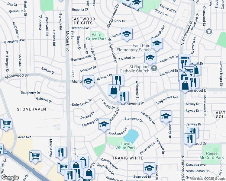 map of restaurants, bars, coffee shops, grocery stores, and more near 10035 Montwood Drive in El Paso