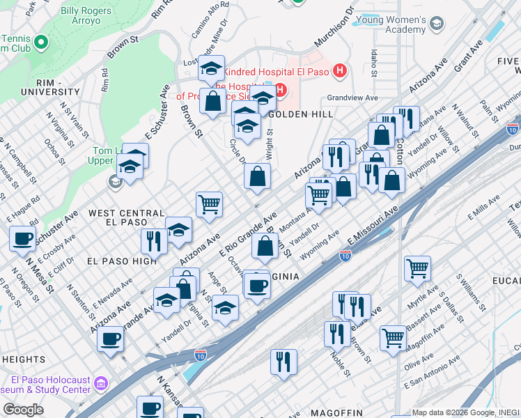 map of restaurants, bars, coffee shops, grocery stores, and more near 1301 East Rio Grande Avenue in El Paso