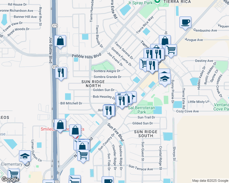 map of restaurants, bars, coffee shops, grocery stores, and more near 12384 Golden Sun Drive in El Paso