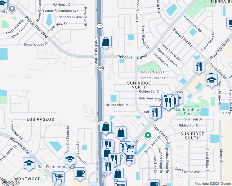 map of restaurants, bars, coffee shops, grocery stores, and more near 12228 Golden Sun Drive in El Paso