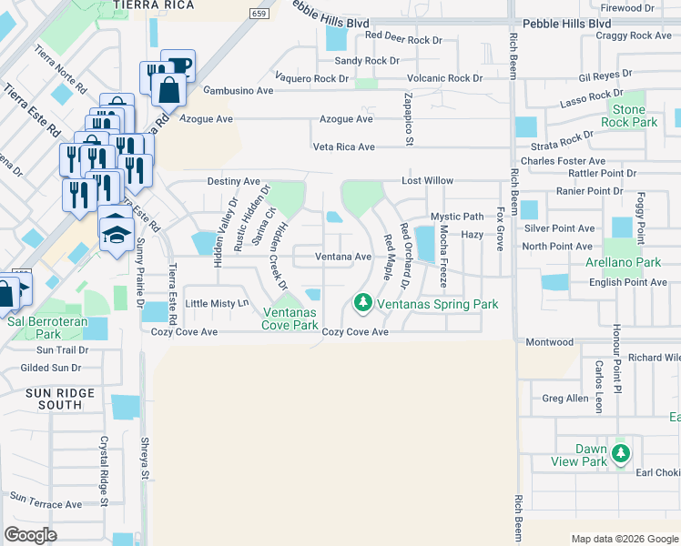 map of restaurants, bars, coffee shops, grocery stores, and more near 13012 Pleasant Manor Court in El Paso