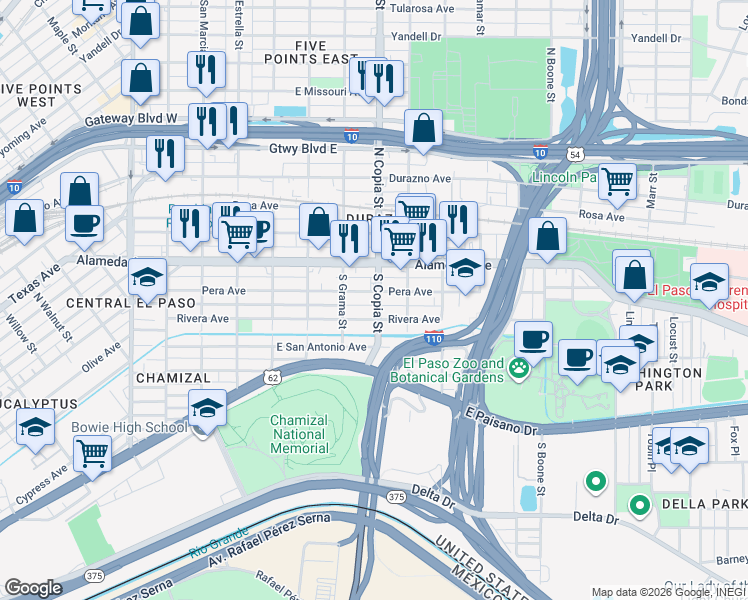 map of restaurants, bars, coffee shops, grocery stores, and more near 3609 Rivera Avenue in El Paso