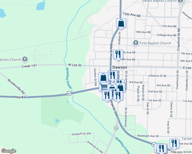map of restaurants, bars, coffee shops, grocery stores, and more near 282 3rd Avenue Southwest in Dawson