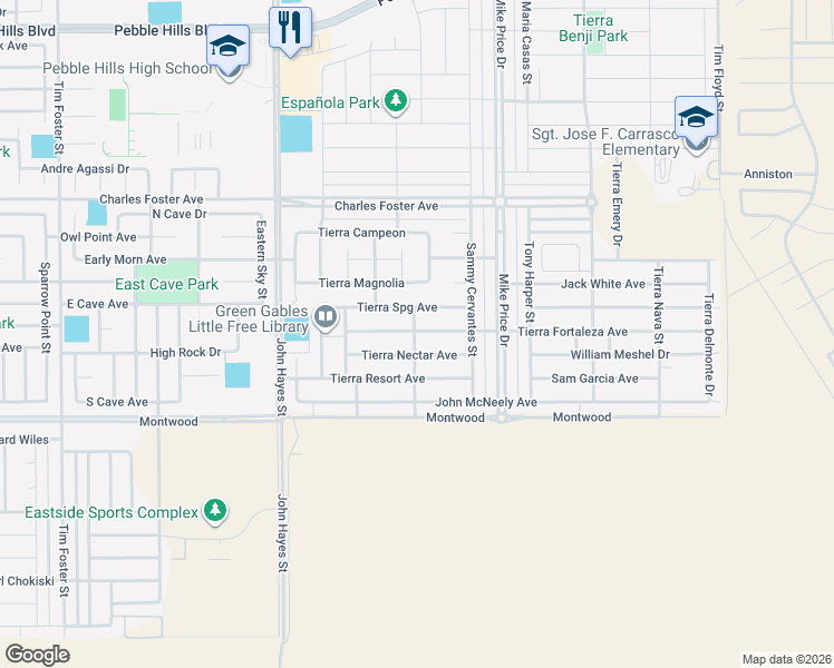 map of restaurants, bars, coffee shops, grocery stores, and more near Montwood in El Paso