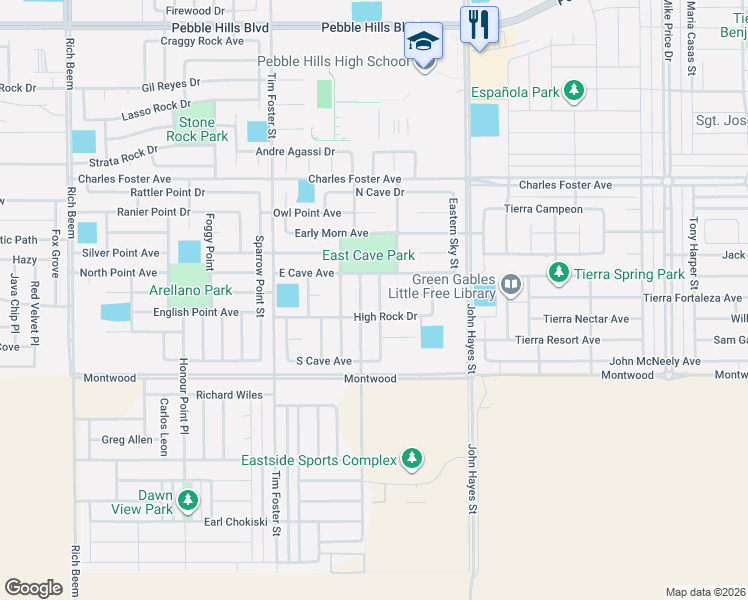 map of restaurants, bars, coffee shops, grocery stores, and more near 2300 Honey Dew in El Paso