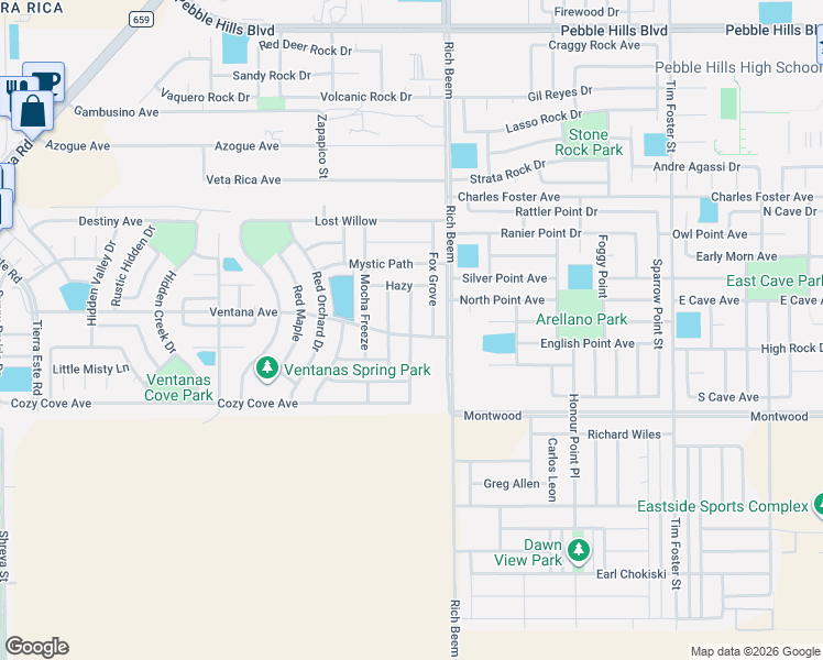 map of restaurants, bars, coffee shops, grocery stores, and more near 3116 Red Velvet Place in El Paso