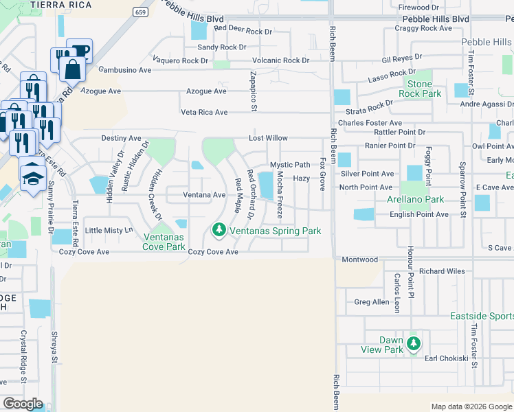map of restaurants, bars, coffee shops, grocery stores, and more near 3131 Red Orchard Drive in El Paso
