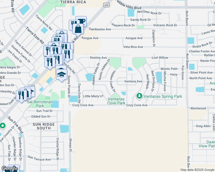 map of restaurants, bars, coffee shops, grocery stores, and more near 3129 Hidden Creek Drive in El Paso