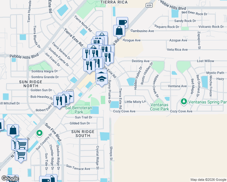 map of restaurants, bars, coffee shops, grocery stores, and more near 12705 Cozy Creek Drive in El Paso