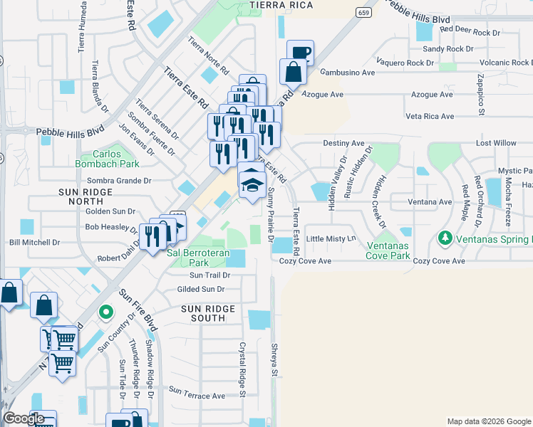 map of restaurants, bars, coffee shops, grocery stores, and more near 12705 Cozy Creek Drive in El Paso