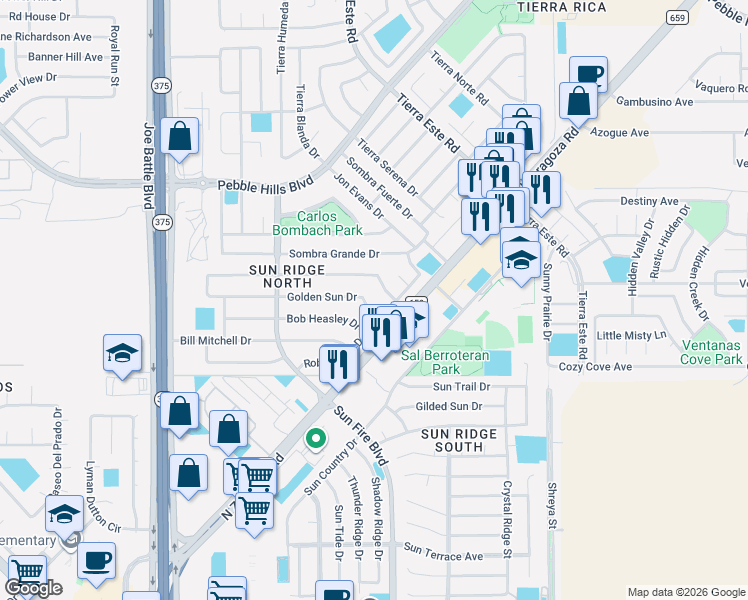 map of restaurants, bars, coffee shops, grocery stores, and more near 12433 Robert Dahl Drive in El Paso