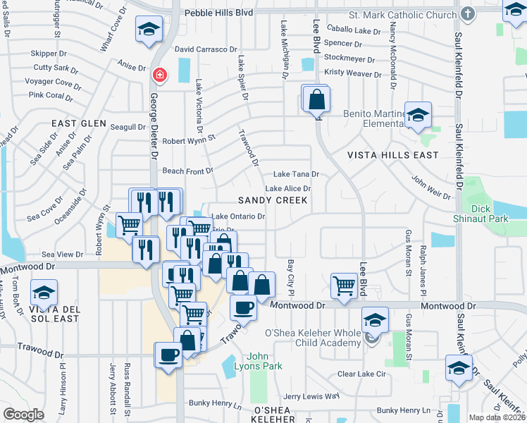 map of restaurants, bars, coffee shops, grocery stores, and more near 11376 Lake Ontario Drive in El Paso