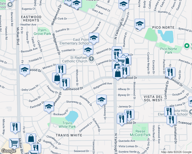map of restaurants, bars, coffee shops, grocery stores, and more near 10250 Montwood Drive in El Paso