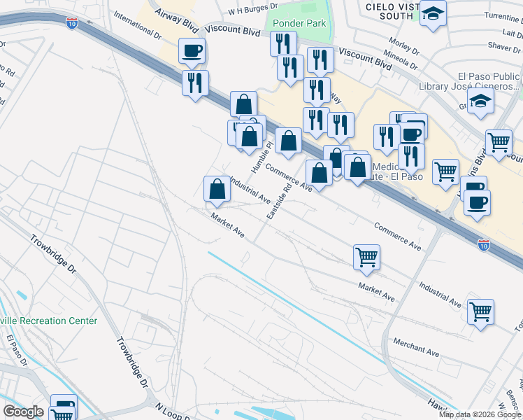 map of restaurants, bars, coffee shops, grocery stores, and more near 1015 Eastside Road in El Paso