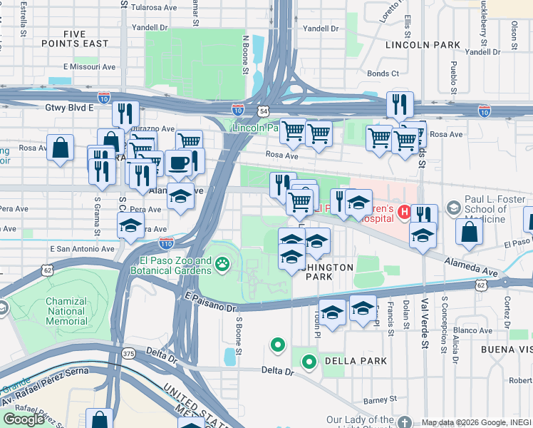 map of restaurants, bars, coffee shops, grocery stores, and more near 200 Washington Street in El Paso