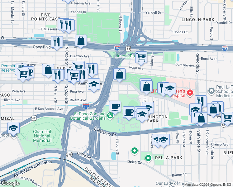 map of restaurants, bars, coffee shops, grocery stores, and more near 4011 Rivera Avenue in El Paso