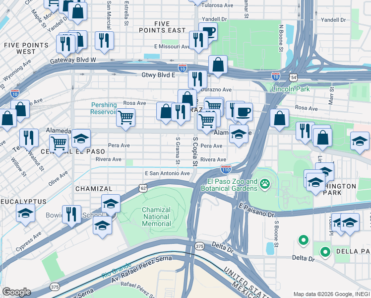 map of restaurants, bars, coffee shops, grocery stores, and more near 3505 Rivera Avenue in El Paso
