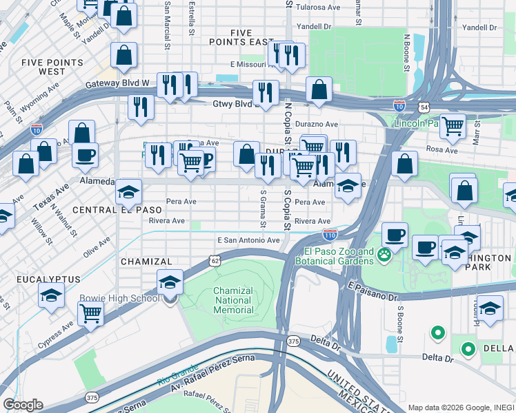 map of restaurants, bars, coffee shops, grocery stores, and more near 3411 Rivera Avenue in El Paso