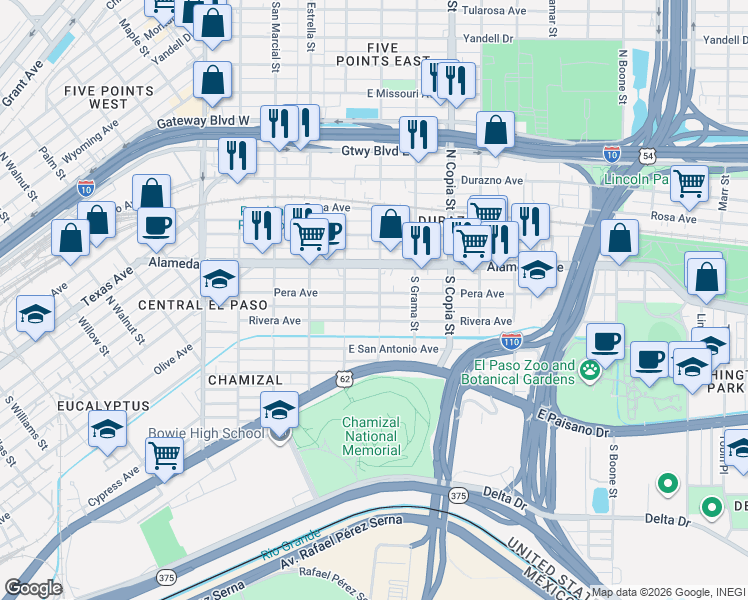 map of restaurants, bars, coffee shops, grocery stores, and more near 3411 Rivera Avenue in El Paso
