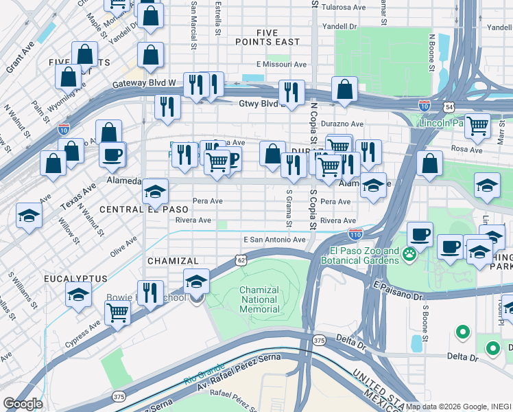 map of restaurants, bars, coffee shops, grocery stores, and more near 3309 Rivera Avenue in El Paso