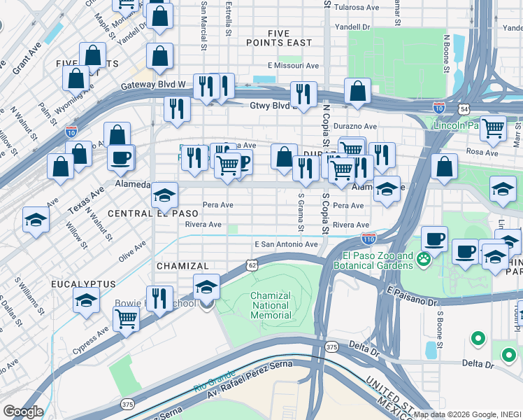 map of restaurants, bars, coffee shops, grocery stores, and more near 3309 Rivera Avenue in El Paso