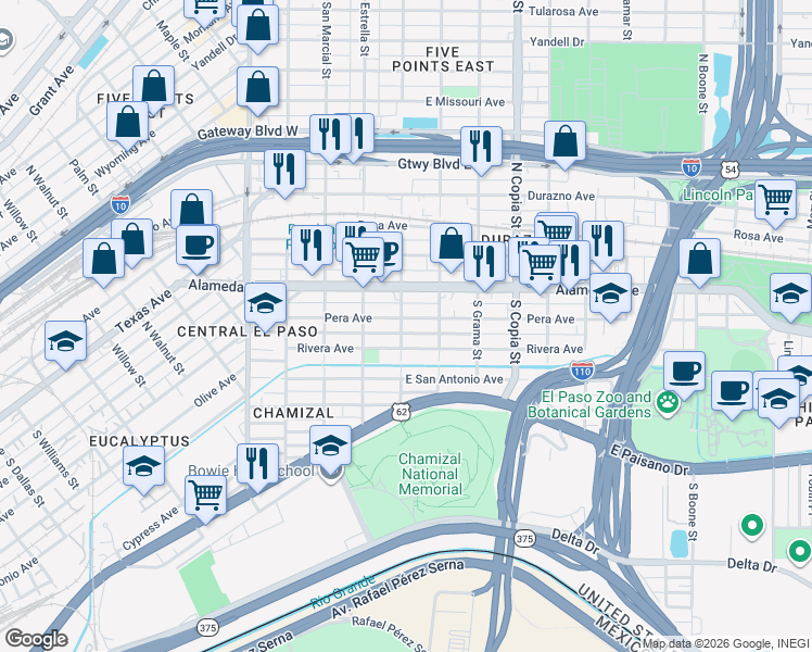 map of restaurants, bars, coffee shops, grocery stores, and more near 3309 Rivera Avenue in El Paso