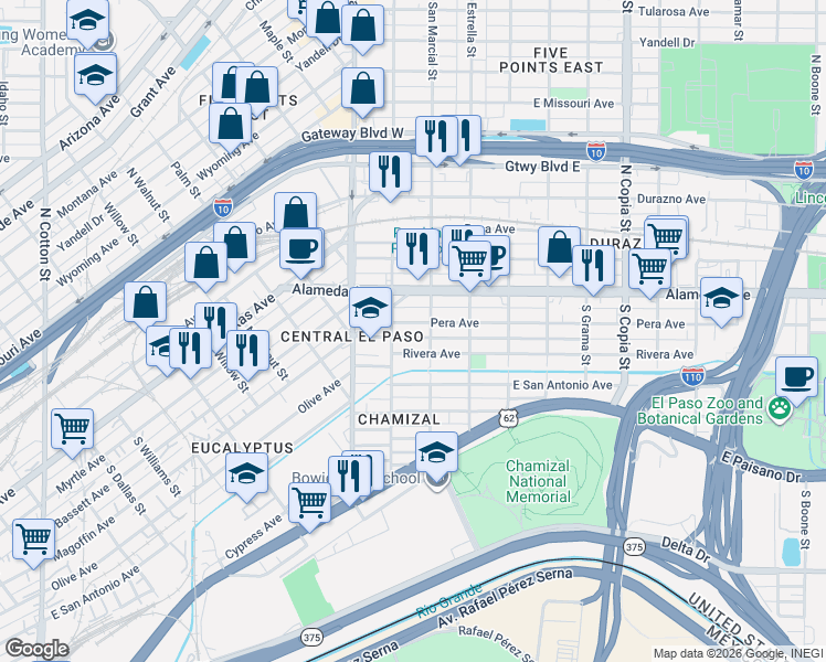 map of restaurants, bars, coffee shops, grocery stores, and more near 3007 Rivera Avenue in El Paso