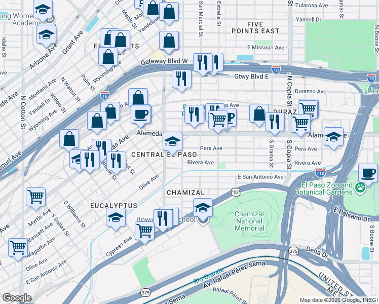 map of restaurants, bars, coffee shops, grocery stores, and more near 3007 Rivera Avenue in El Paso
