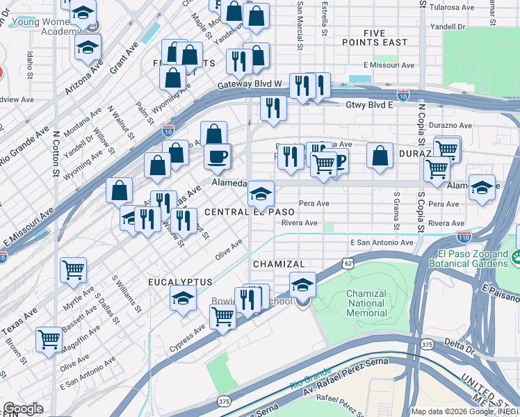 map of restaurants, bars, coffee shops, grocery stores, and more near 320 South Piedras Street in El Paso