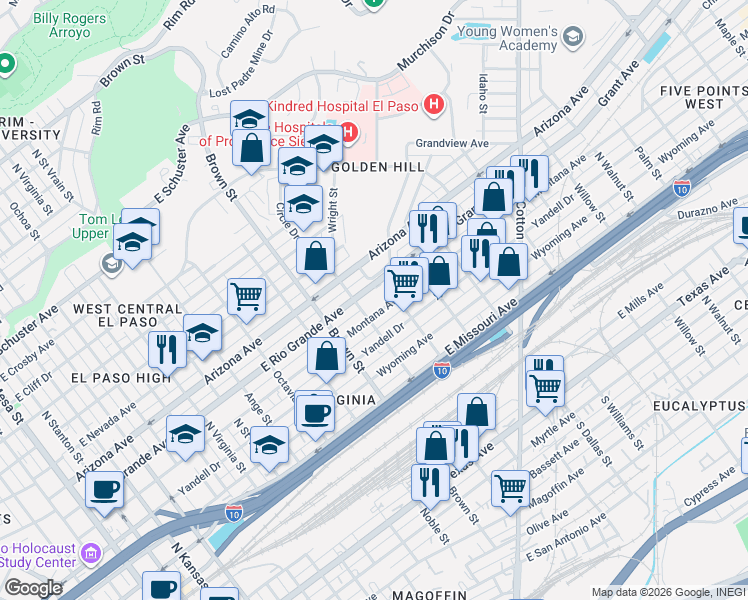 map of restaurants, bars, coffee shops, grocery stores, and more near 1325 Montana Avenue in El Paso