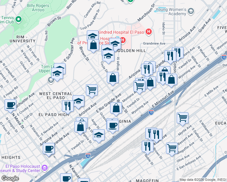 map of restaurants, bars, coffee shops, grocery stores, and more near 1301 East Rio Grande Avenue in El Paso