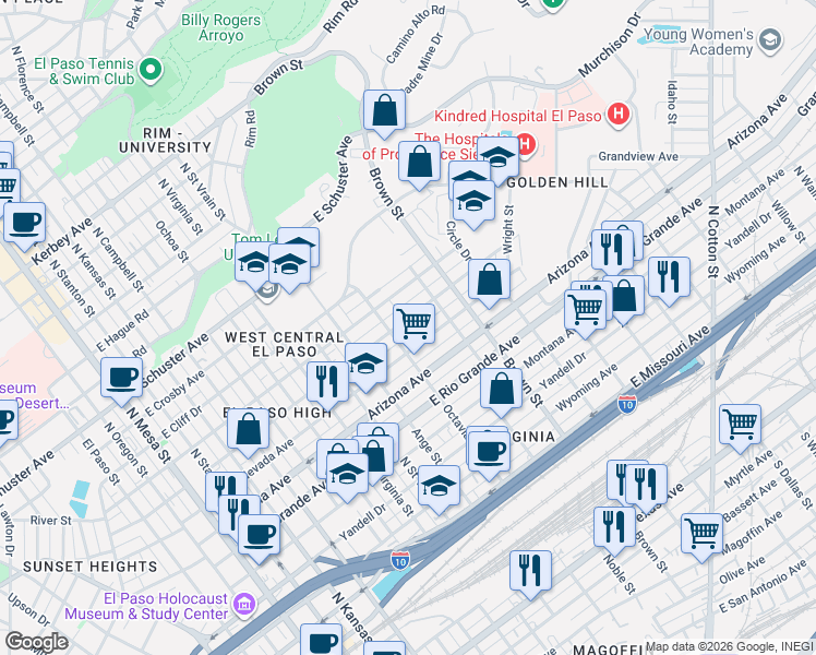 map of restaurants, bars, coffee shops, grocery stores, and more near 1110 East Nevada Avenue in El Paso