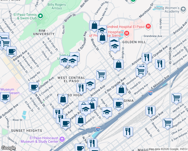 map of restaurants, bars, coffee shops, grocery stores, and more near 1026 East California Avenue in El Paso