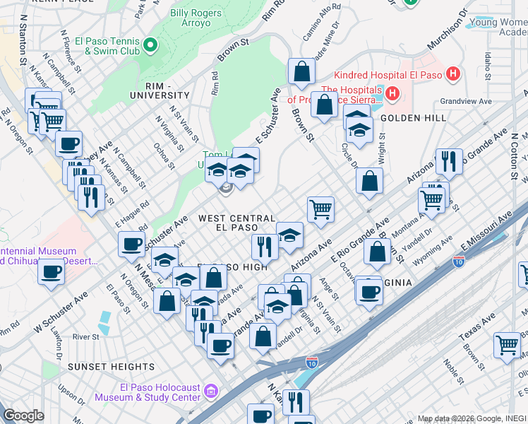 map of restaurants, bars, coffee shops, grocery stores, and more near 1315 Ange Street in El Paso
