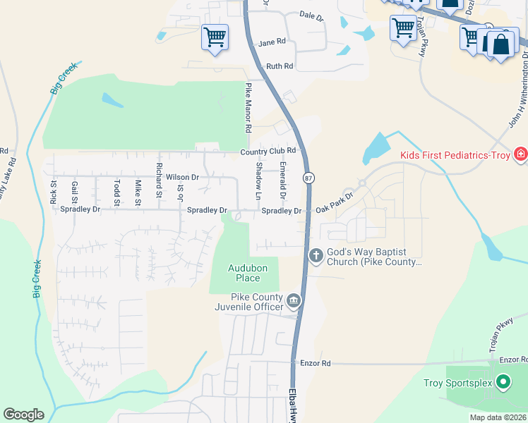 map of restaurants, bars, coffee shops, grocery stores, and more near 300 Spradley Drive in Troy