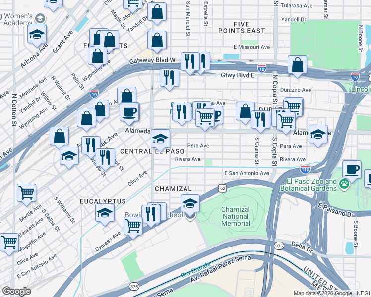 map of restaurants, bars, coffee shops, grocery stores, and more near 3109 Rivera Avenue in El Paso