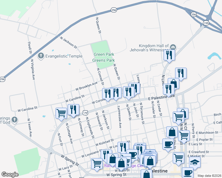map of restaurants, bars, coffee shops, grocery stores, and more near 1101 Tennessee Avenue in Palestine