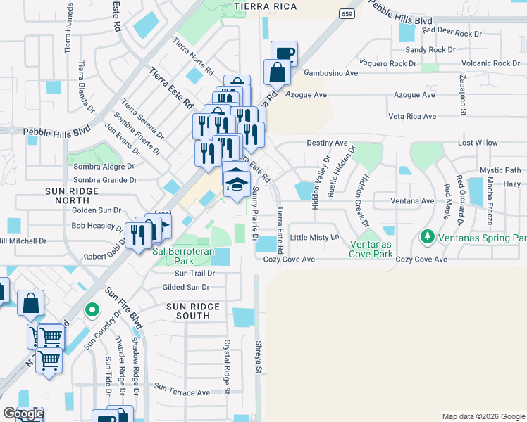 map of restaurants, bars, coffee shops, grocery stores, and more near 12709 Cozy Prairie Drive in El Paso
