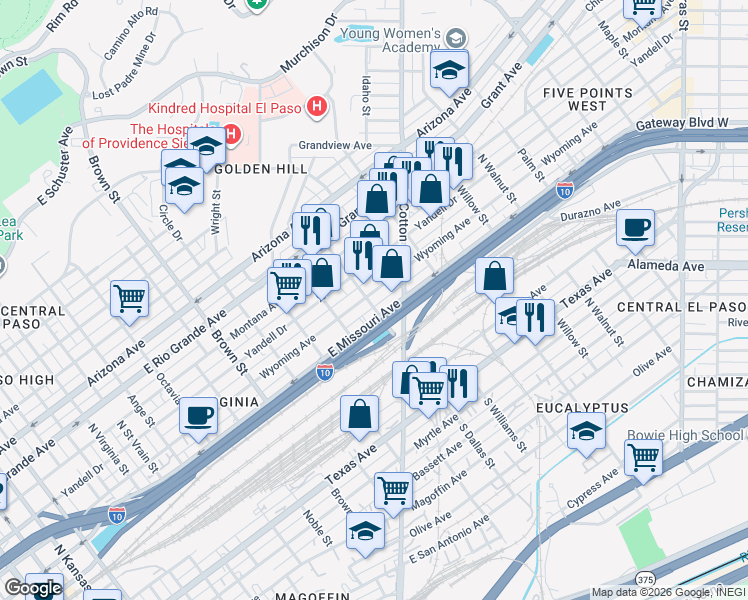 map of restaurants, bars, coffee shops, grocery stores, and more near 1700 Wyoming Avenue in El Paso