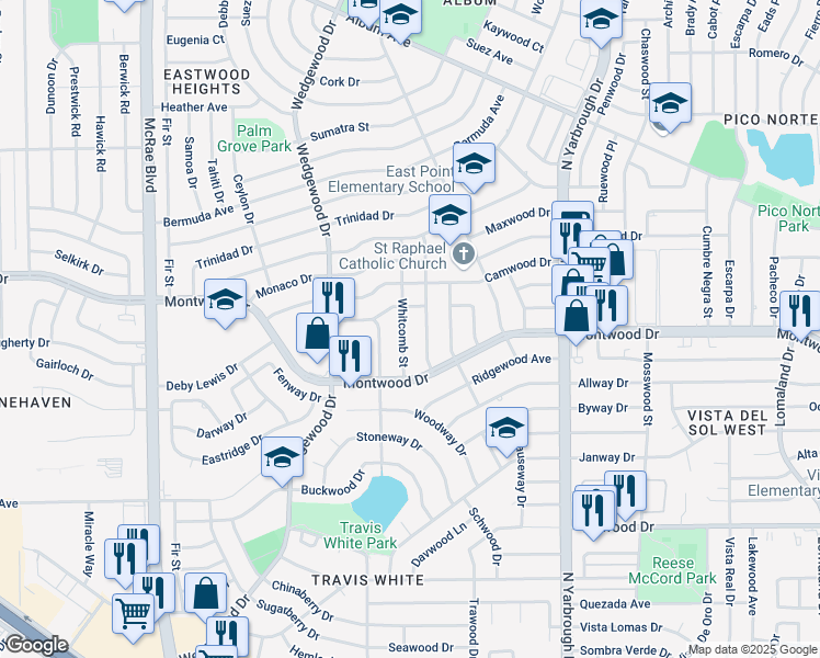 map of restaurants, bars, coffee shops, grocery stores, and more near 2113 Woodside Drive in El Paso
