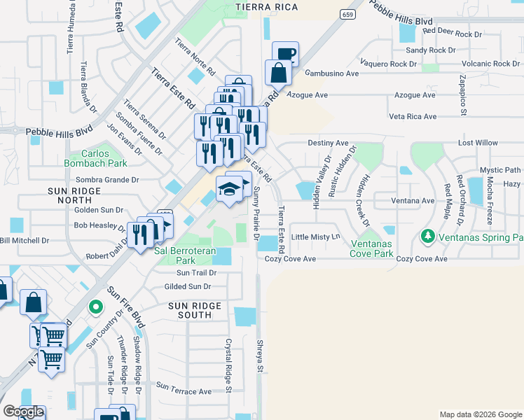 map of restaurants, bars, coffee shops, grocery stores, and more near 12705 Cozy Creek Drive in El Paso