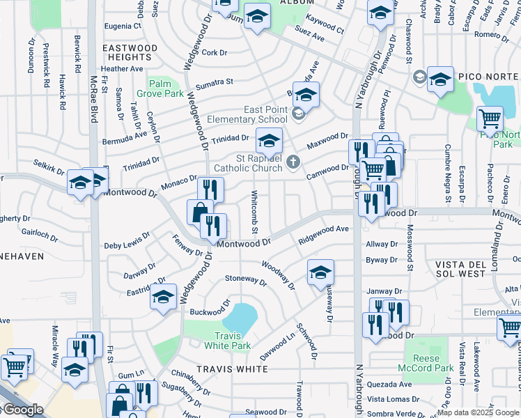 map of restaurants, bars, coffee shops, grocery stores, and more near 2113 Woodside Drive in El Paso