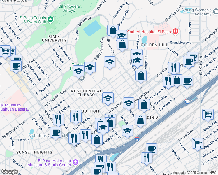 map of restaurants, bars, coffee shops, grocery stores, and more near 1026 East California Avenue in El Paso