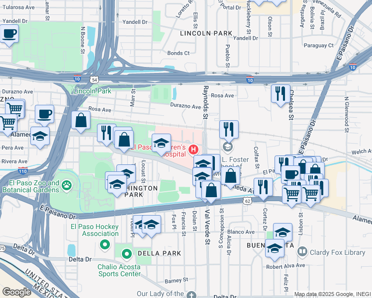 map of restaurants, bars, coffee shops, grocery stores, and more near 4800 Alberta Avenue in El Paso