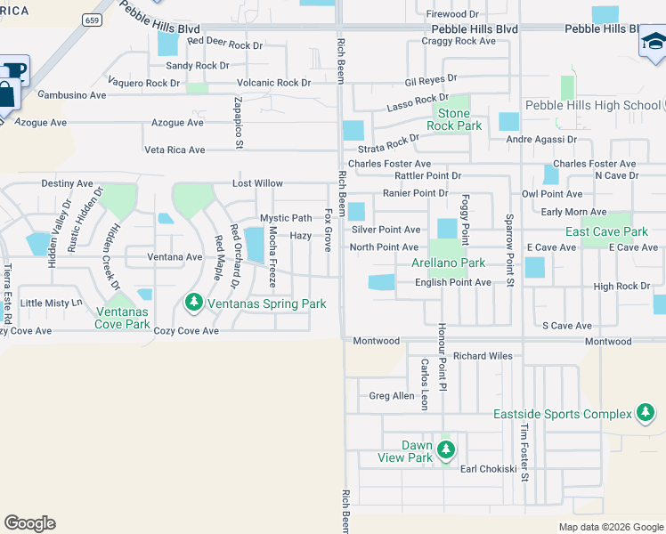 map of restaurants, bars, coffee shops, grocery stores, and more near 3159 Fox Grove in El Paso