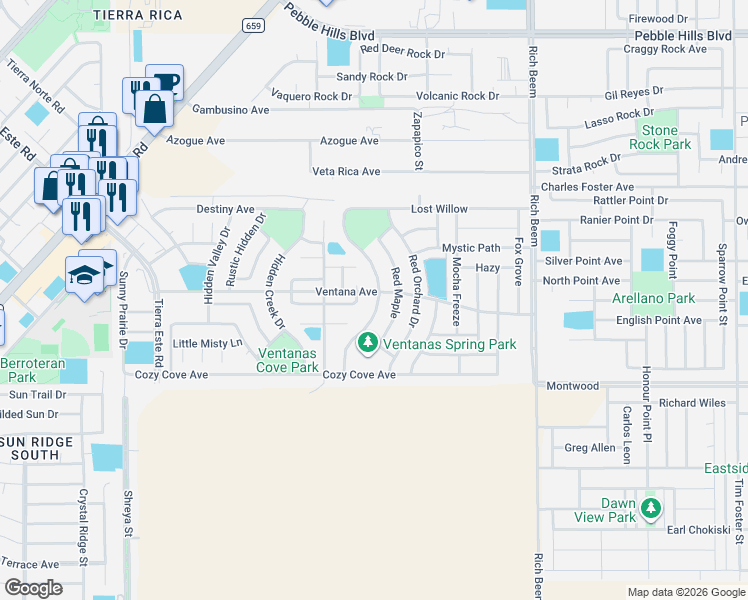 map of restaurants, bars, coffee shops, grocery stores, and more near 3151 Spring Willow in El Paso